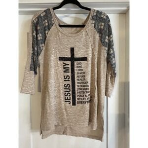 Cato Womens Tan Plaid Jesus Is My Everything Cross Ribbed 3/4 Sleeve Top Small